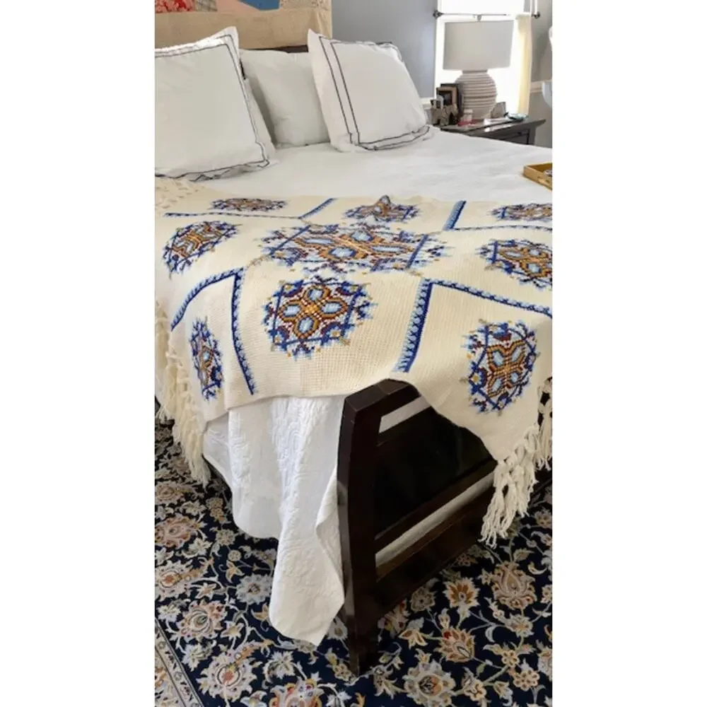 Handmade Knitted Needlepoint Style Afghan Throw Blanket 40x60 Blue Gold Cottage